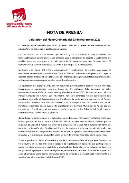 Valoracin del Pleno Ordinario del 23 de febrero de 2021. IU-verdes Alhama de Murcia, Foto 1