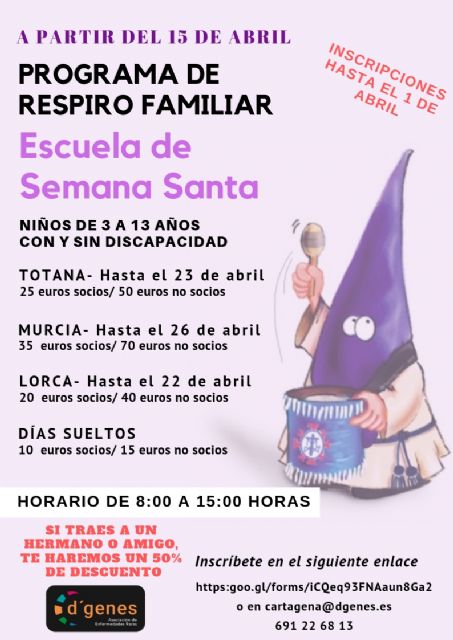D´Genes oferta un programa de Escuelas de Semana Santa durante las próximas vacaciones escolares en sus delegaciones de Totana, Murcia y Lorca