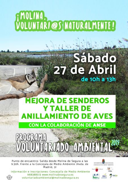 La mejora de los senderos del humedal de Las Lagunas de Campotéjar  Salar Gordo y un taller de anillamiento de aves son las propuestas del Programa de Voluntariado Ambiental de Molina de Segura ¡Voluntari@s Naturalmente! para el sábado 27 de abril - 1, Foto 1