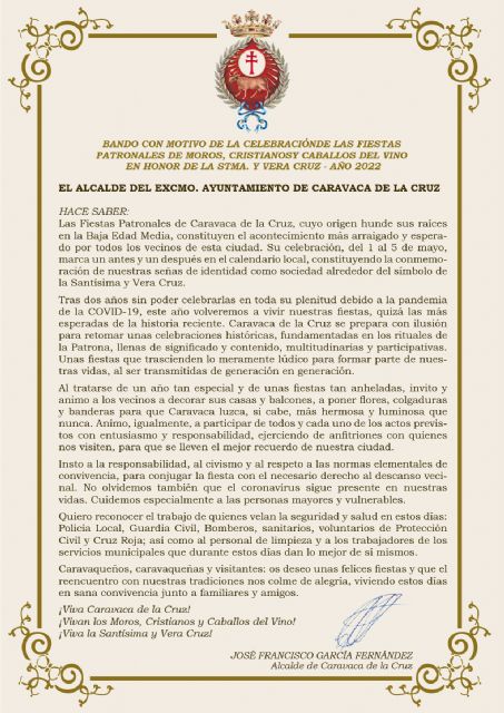 El alcalde de Caravaca de la Cruz emite un Bando con motivo de la próxima celebración de las Fiestas Patronales - 1, Foto 1