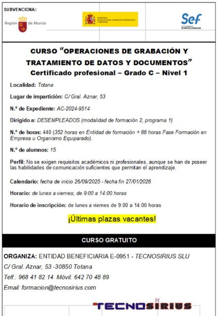 Últimas plazas para el curso gratuito de operaciones de grabación y tratamiento de datos en Totana, Foto 2