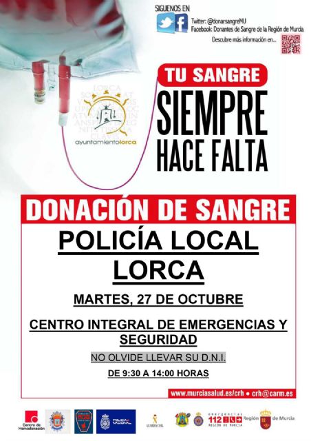 Policía Local de Lorca y el Servicio de Emergencias Municipal y Protección Civil organizan una donación de sangre en colaboración con el Centro Regional de Hemodonación - 1, Foto 1