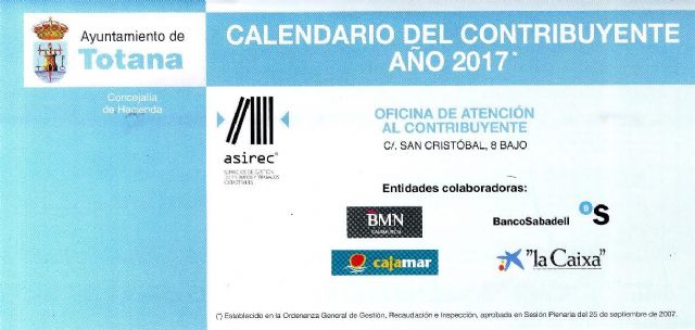 La Concejalía de Hacienda hace público el calendario del contribuyente del ejercicio 2017