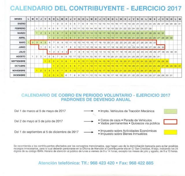La Concejalía de Hacienda hace público el calendario del contribuyente del ejercicio 2017, Foto 2