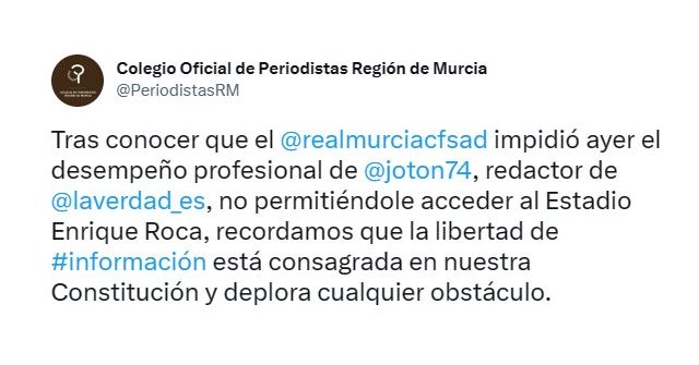 El Colegio de Periodistas condena el veto del Real Murcia al periodista de La Verdad José Otón - 1, Foto 1
