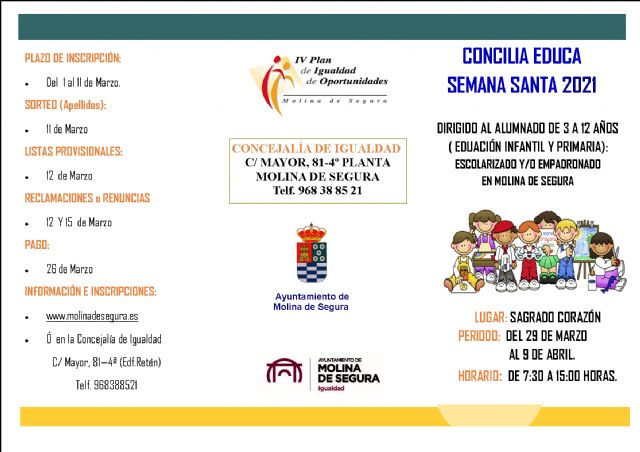 La Concejalía de Igualdad de Molina de Segura abre el plazo de inscripción para el Servicio Concilia Educa Semana Santa 2021 - 1, Foto 1