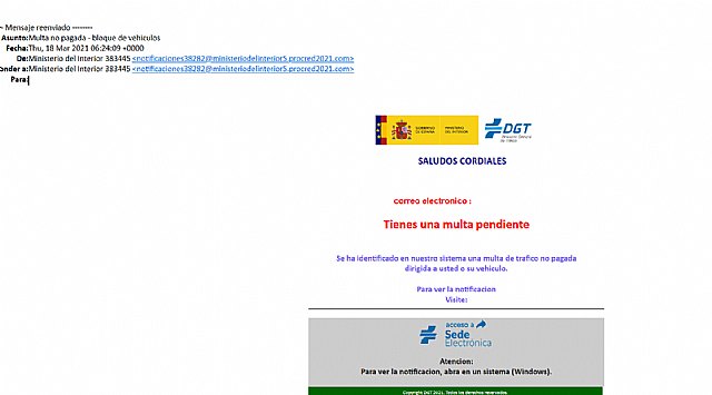 CONSUMUR alerta de un correo electrónico fraudulento, que suplanta a la DGT y nos informa de una supuesta multa de tráfico - 1, Foto 1
