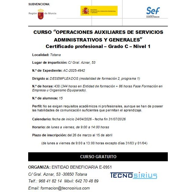 Totana acoge un curso gratuito de operaciones auxiliares administrativas para personas desempleadas - 2, Foto 2