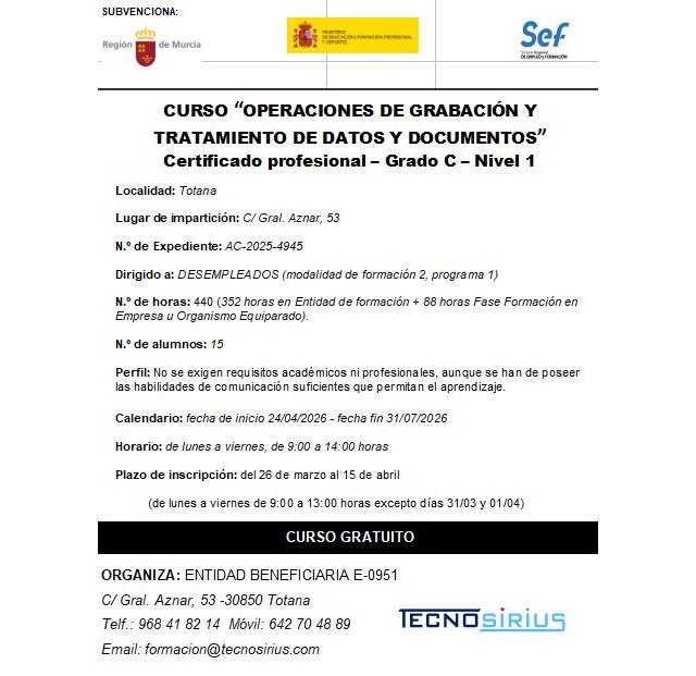 Abierto el plazo en Totana para un curso gratuito de grabación y tratamiento de datos para desempleados - 2, Foto 2