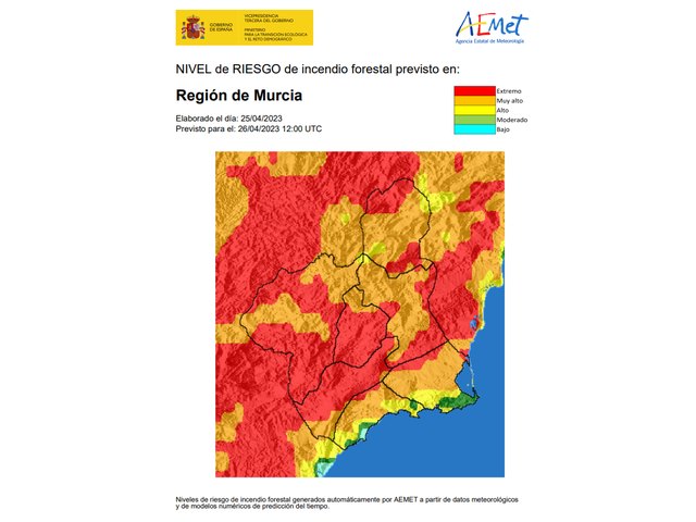 El nivel de riesgo de incendio forestal previsto para hoy miércoles, 26 de abril, es extremo o muy alto en la mayor parte de la Región de Murcia