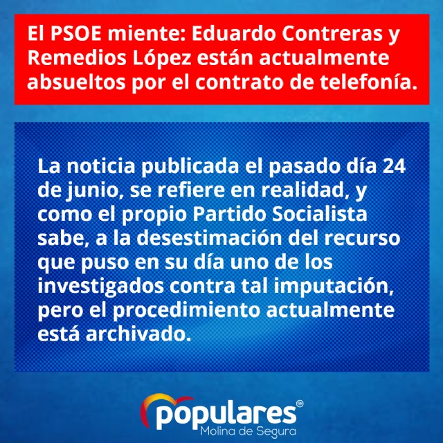 PP: El PSOE miente. Eduardo Contreras y Remedios López están actualmente absueltos por el contrato de telefonía - 1, Foto 1