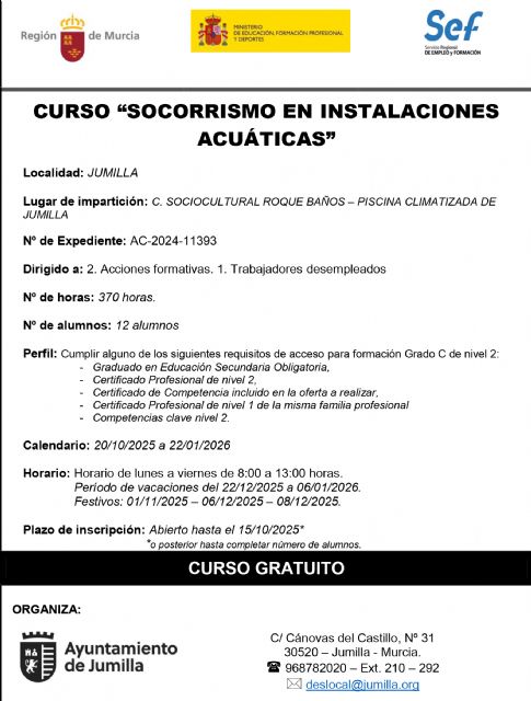 El Ayuntamiento de Jumilla pone en marcha un curso gratuito de Socorrismo en Instalaciones Acuáticas para desempleados - 1, Foto 1