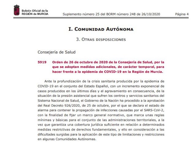 BORM. Medidas adicionales para hacer frente a la epidemia de COVID-19 en la Región de Murcia, Foto 3