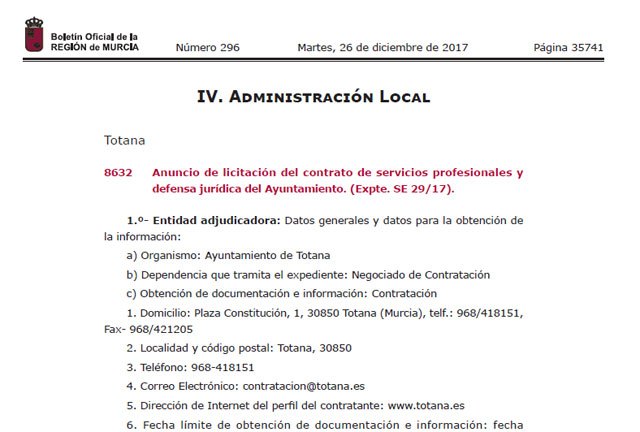 El BORM publica hoy el anuncio de licitación del contrato de servicios profesionales y defensa jurídica del Ayuntamiento de Totana, Foto 1