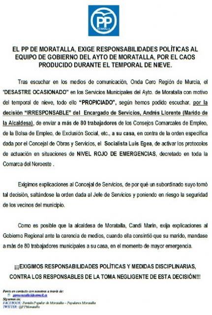 El PP de Moratalla exige responsabilidades políticas al equipo de gobierno por el caos producido durante el temporal de nieve - 1, Foto 1