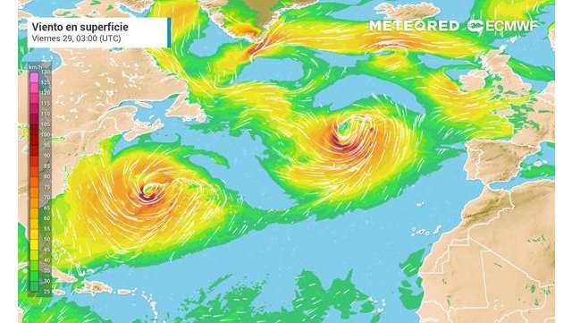 Ubicación de la borrasca Justine en la madrugada del viernes, al norte de las Azores, con rachas de viento muy intensas (en colores amarillos y rojos)., Foto 1