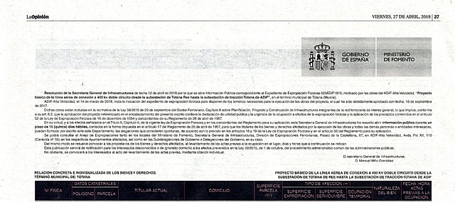 Esta mañana se ha hecho pública la lista de nuevos afectados por la Línea de Alta Tensión que alimentará la catenaria del AVE - 1, Foto 1