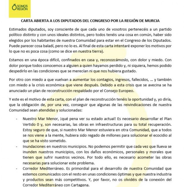 Somos Región envía una carta abierta a todos los diputados nacionales electos por Murcia - 2, Foto 2