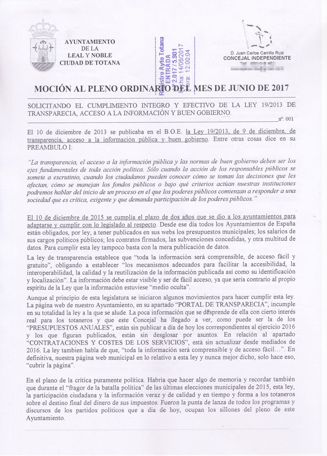 Juan Carlos Carrillo, concejal no adscrito, propondrá al pleno que se cumpla la Ley de Transparencia, Foto 2