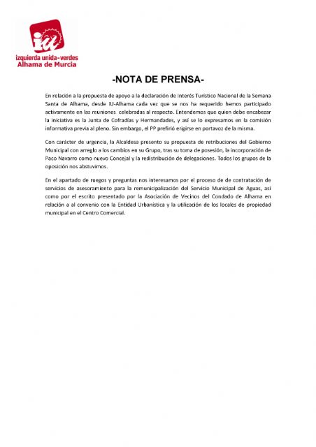 Valoracin del Pleno Ordinario del 26 de junio de 2018. IU-verdes, Foto 2