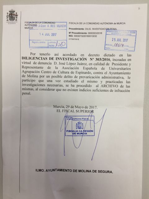 La Fiscalía Superior de la Región de Murcia acuerda el archivo de la denuncia contra el Ayuntamiento de Molina de Segura en el caso del velódromo - 1, Foto 1