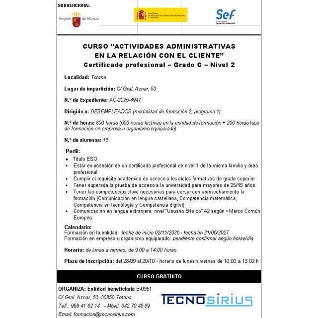 Totana oferta un curso gratuito de 800 horas de Actividades Administrativas en la Relación con el Cliente dirigido a personas desempleadas - 2, Foto 2