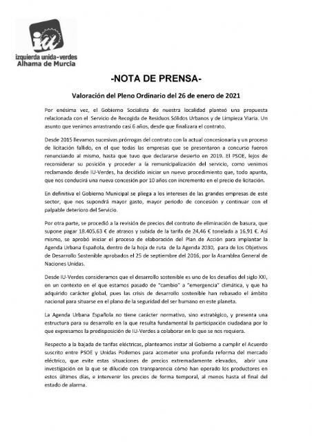 Valoracin del Pleno Ordinario del 26 de enero de 2021. IU-verdes Alhama de Murcia, Foto 1