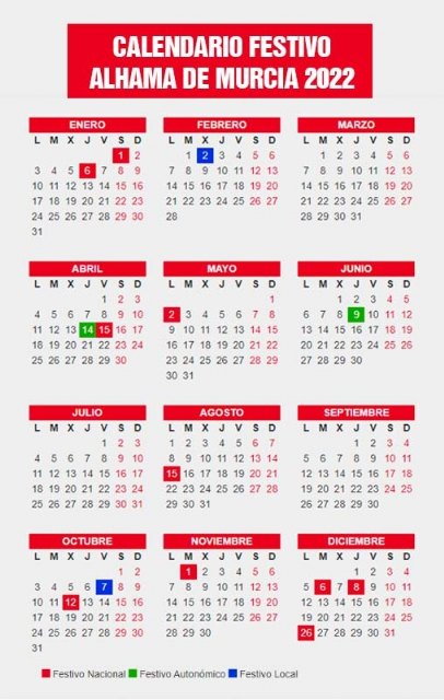 Calendario festivo para 2022 en Alhama de Murcia, Foto 1