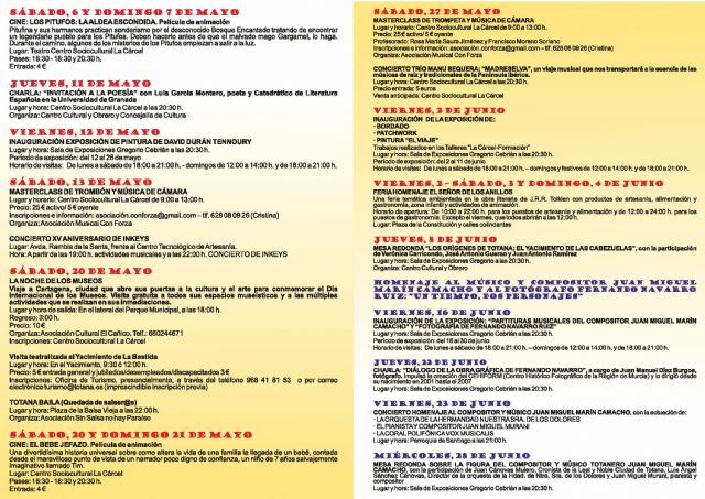 El programa Totana Cultural para los meses de mayo y junio ofrece más de una veintena de actividades variadas para todos los públicos, Foto 5