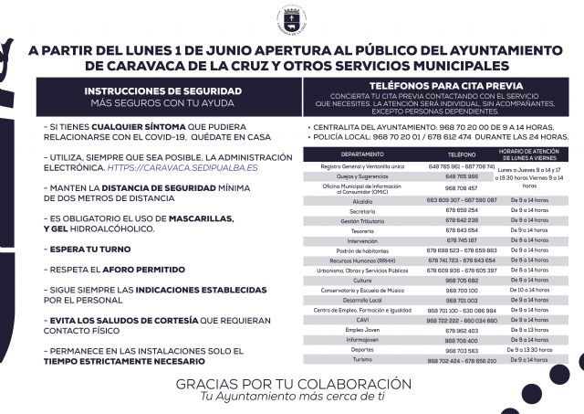 El Ayuntamiento de Caravaca retoma el próximo lunes la atención presencial de los servicios municipales, bajo normas de seguridad y prevención tanto para los vecinos como para los empleados públicos - 1, Foto 1