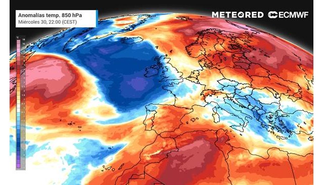 Los colores azules y morados del noroeste de la Península Ibérica representan la masa de aire polar que llegará entre el jueves y el viernes. El 'cordonazo'., Foto 1
