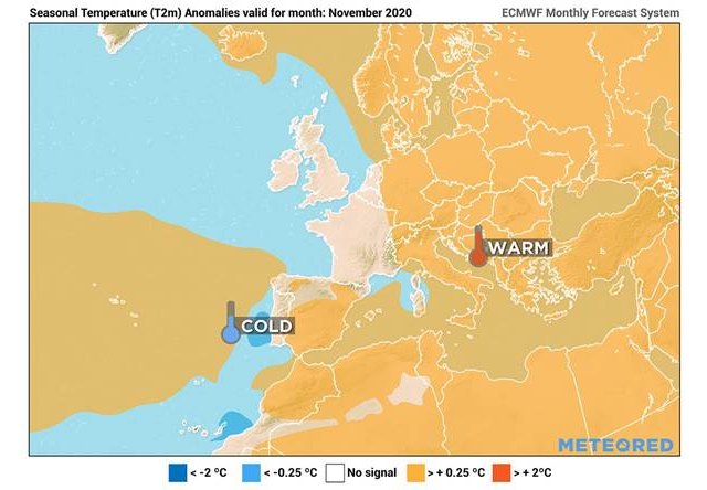 En gran parte de Europa las temperaturas estarán por encima de la media. Por debajo en muy pocas zonas, como las islas Canarias más orientales., Foto 1