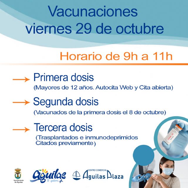 Centro Comercial Águilas Plaza acogerá mañana viernes una nueva jornada de vacunaciones masivas contra la COVID - 1, Foto 1