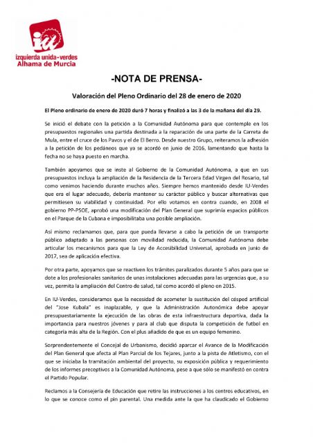 Valoracin del Pleno Ordinario del 28 de enero de 2020. IU-verdes Alhama de Murcia, Foto 1