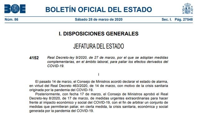 Real Decreto-ley 9/2020, de 27 de marzo, por el que se adoptan medidas complementarias, en el ámbito laboral, para paliar los efectos derivados del COVID-19 - 1, Foto 1