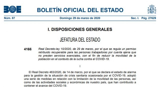 Real Decreto-ley 10/2020, de 29 de marzo, por el que se regula un permiso retribuido recuperable para las personas trabajadoras por cuenta ajena que no presten servicios esenciales - 1, Foto 1