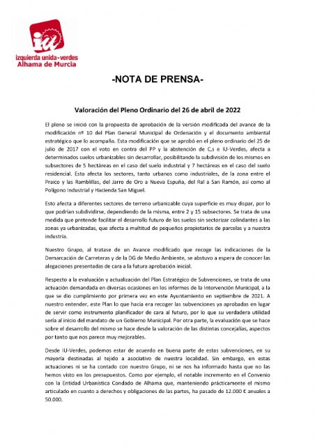 Valoración del Pleno Ordinario del 26 de abril de 2022. IU-verdes Alhama de Murcia, Foto 1