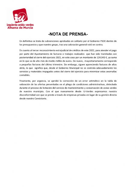 Valoración del Pleno Ordinario del 26 de abril de 2022. IU-verdes Alhama de Murcia, Foto 2