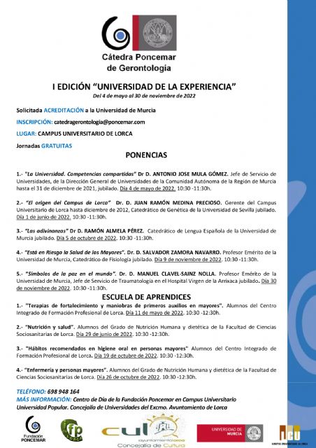 La Cátedra Poncemar de Gerontología pone en marcha la I edición de la 'Universidad de la Experiencia' que se celebrará del 4 de mayo al 30 de noviembre - 2, Foto 2