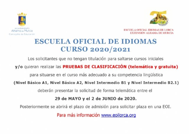 Abierto el plazo de solicitud para la prueba de clasificación de la Escuela Oficial de Idiomas curso 2020-2021, Foto 1