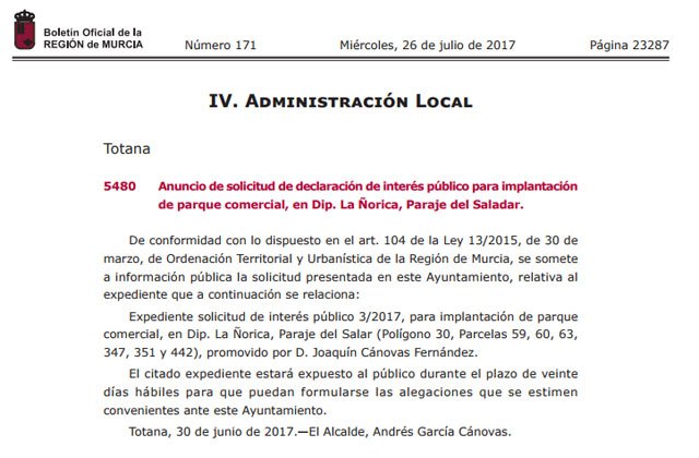 Solicitan la declaración de interés público para la implantación de un parque comercial en Totana, Foto 1