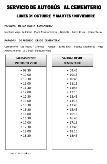Servicio de autobús al cementerio, días 31, 1 y 2. por 1€ y parada directa
