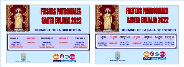 Se modifica el horario de la Biblioteca Municipal Mateo García y de la Sala de Estudio con motivo de las fiestas patronales de Santa Eulalia, Foto 1