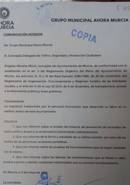 Ahora Murcia advirtió hace 2 años al equipo de Ballesta sobre las deficiencias en el sistema antiincendios del edificio Moneo - 1, Foto 1