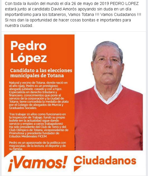 Pedro López concurrió a las pasadas elecciones municipales como número 3 en la lista de Ciudadanos, encabezada por David Amorós , Foto 2