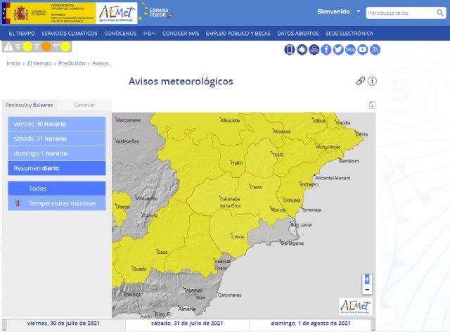 Meteorología mantiene para hoy aviso de fenómeno adverso nivel amarillo por altas temperaturas en la Región de Murcia - 2, Foto 2