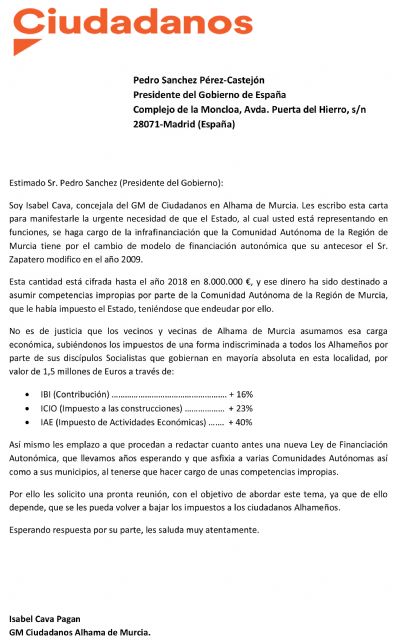 El Grupo Municipal de Ciudadanos de Alhama escribe una carta a Pedro Snchez, Foto 1