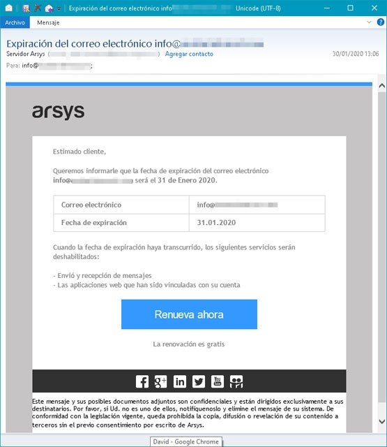 Alertan de un nuevo fraude tipo phishing que afecta a clientes y usuarios de Arsys - 1, Foto 1