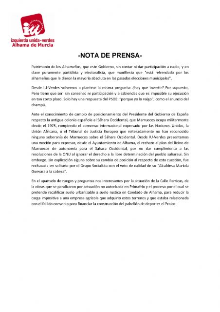 Valoracin del Pleno Ordinario del 29 de marzo de 2022. IU-verdes Alhama de Murcia, Foto 2