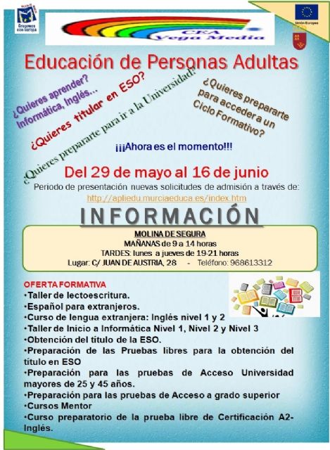 Abierto el plazo de solicitud de matrícula para el Centro Comarcal de Educación de Adultos Vega Media de Molina de Segura hasta el día 16 de junio - 1, Foto 1
